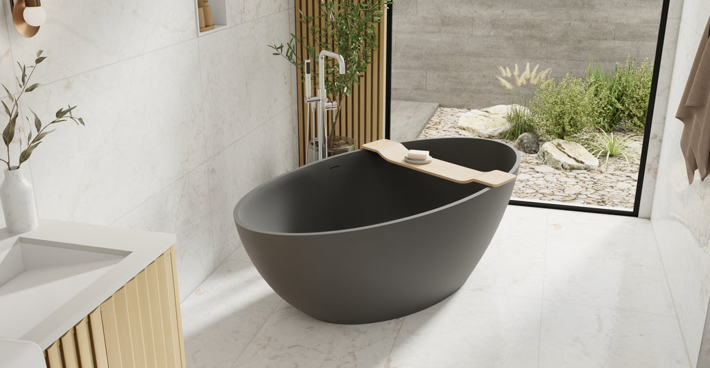 Badeloft BW-05-XL-BLK matte black freestanding bathtub, lifestyle view 6