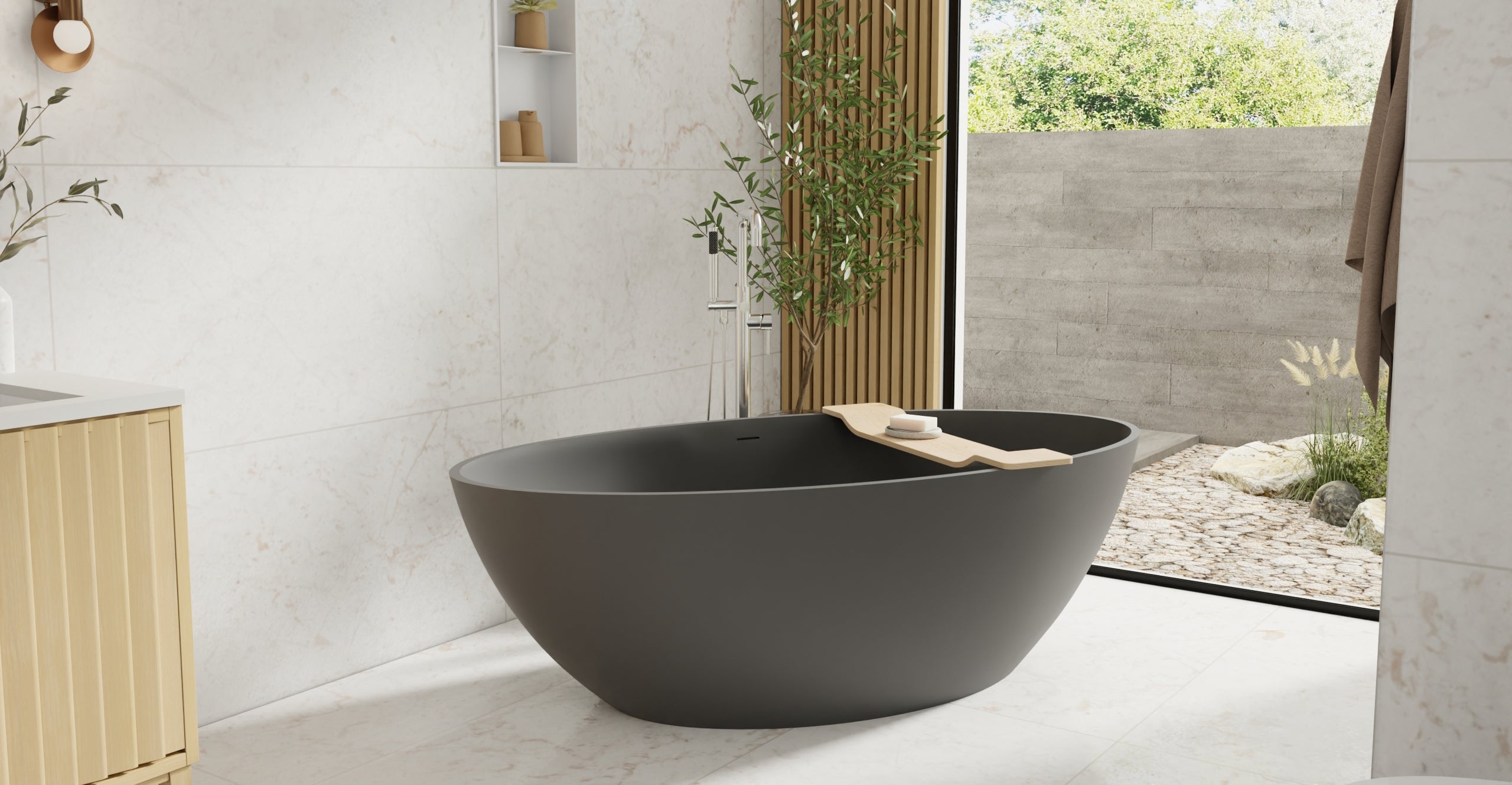 Badeloft BW-05-XL-BLK matte black freestanding bathtub, lifestyle view 5
