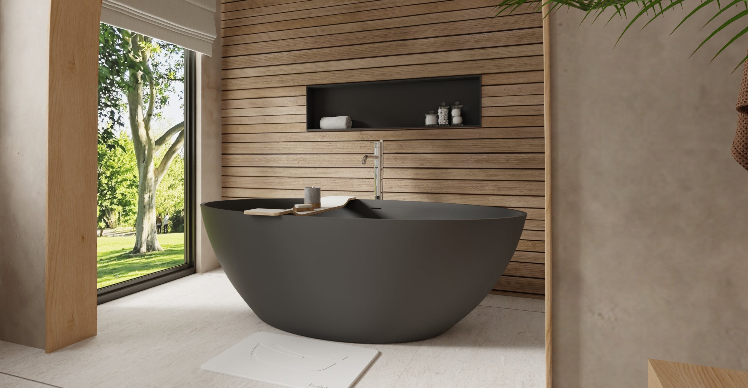 Badeloft BW-05-XL-BLK matte black freestanding bathtub, lifestyle view 2