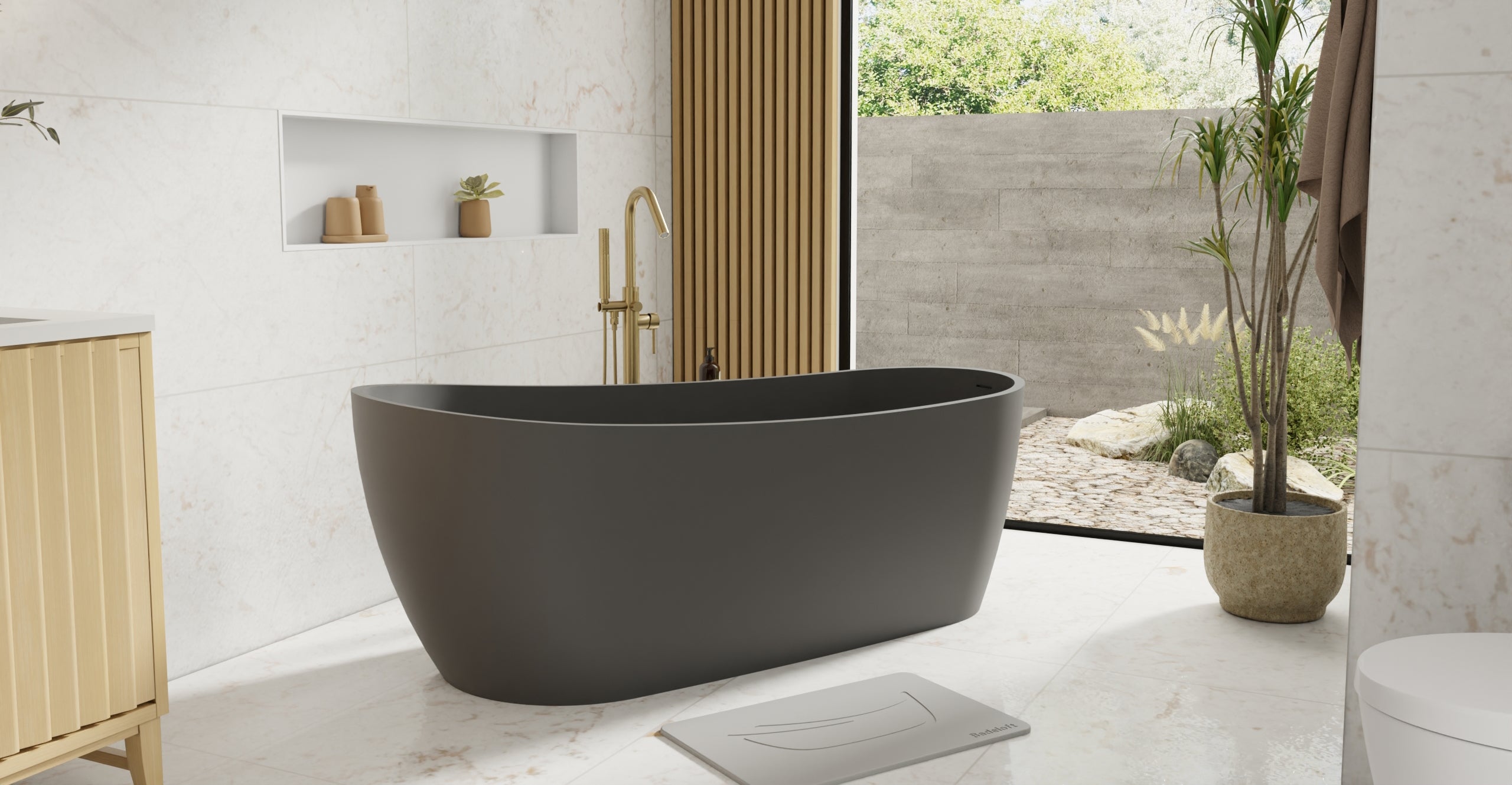 Badeloft BW-09-BLK matte black freestanding bathtub, lifestyle view 4