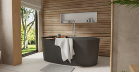 Badeloft BW-08-BLK matte black freestanding bathtub, lifestyle view 2