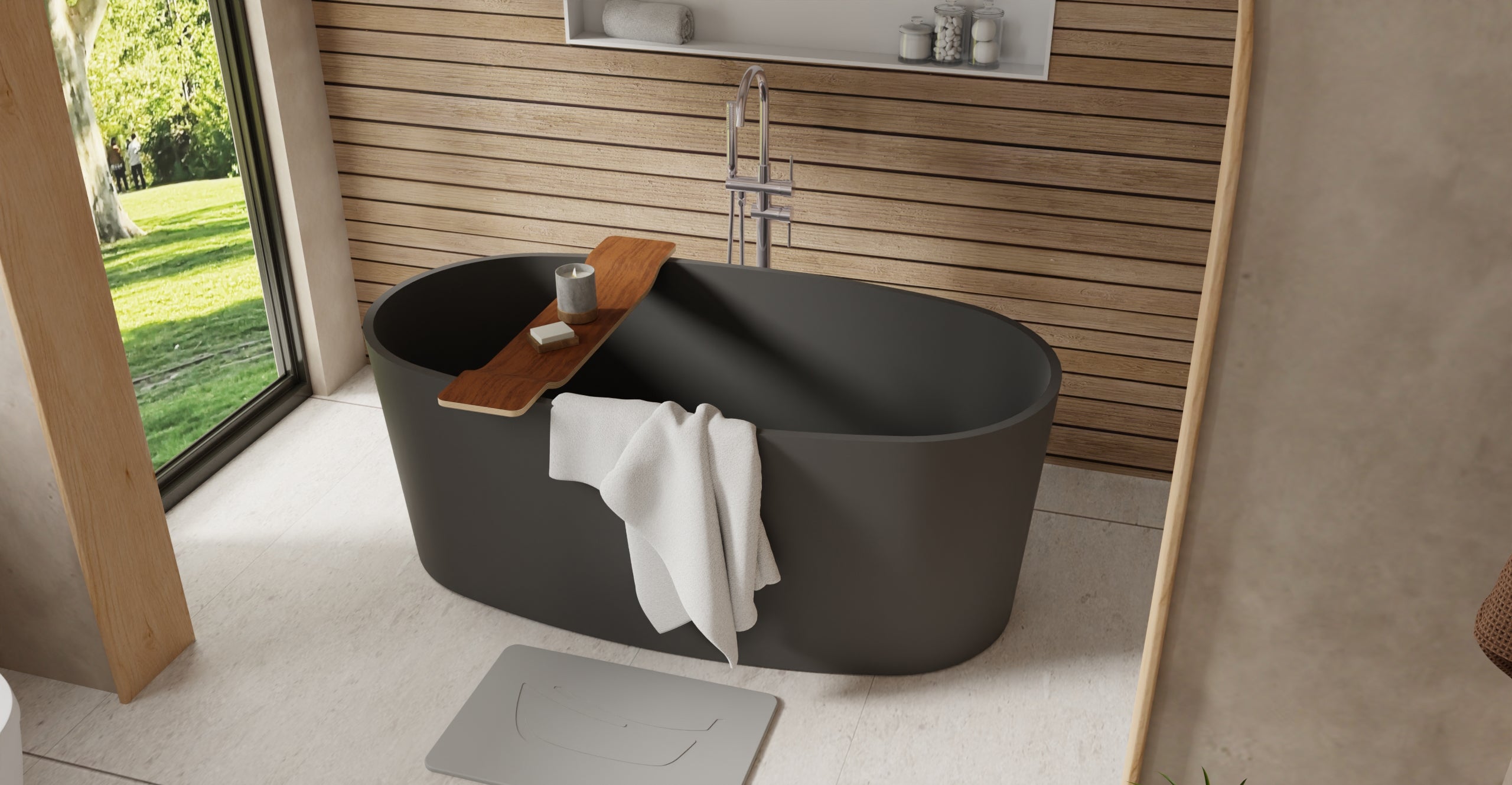 Badeloft BW-08-BLK matte black freestanding bathtub, lifestyle view 3