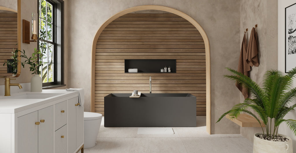 Badeloft BW-07-BLK matte black freestanding bathtub, lifestyle view