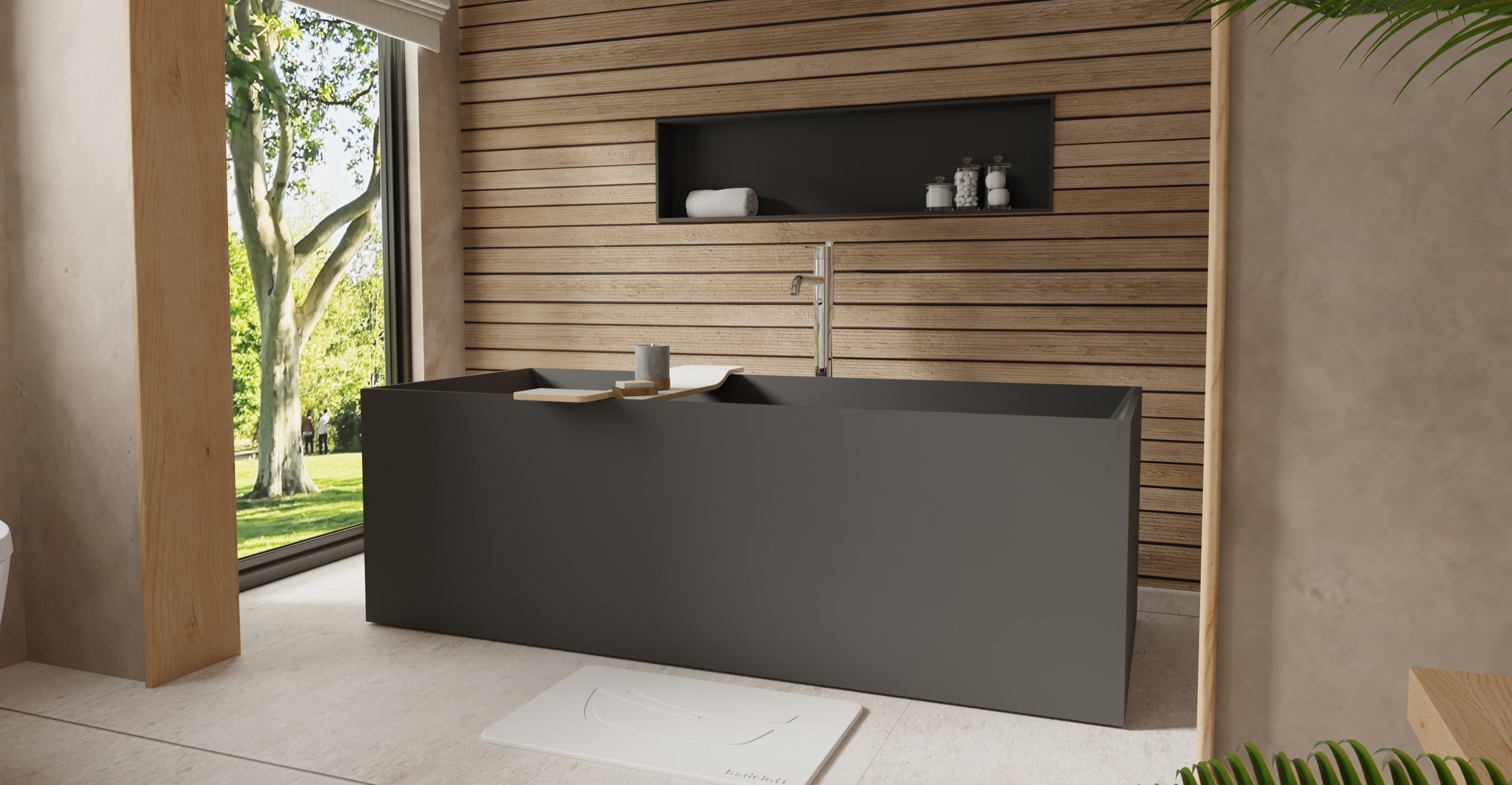 Badeloft BW-07-BLK matte black freestanding bathtub, lifestyle view 2