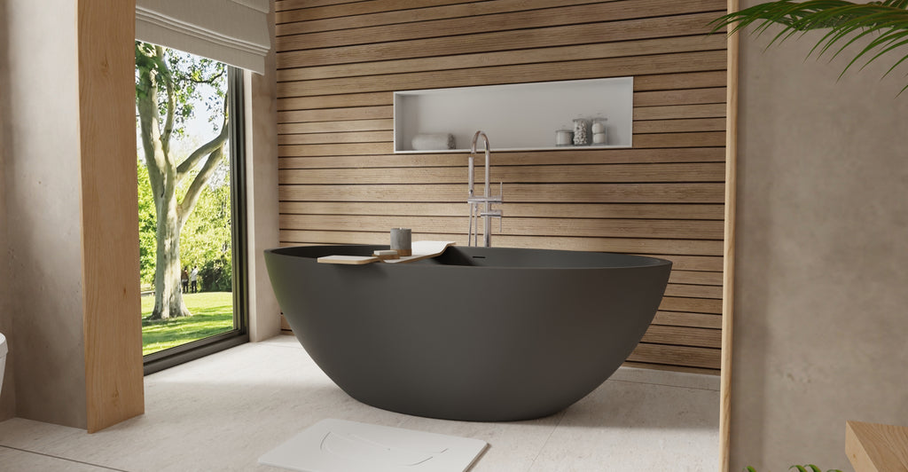 Badeloft BW-04-XL-BLK matte black freestanding bathtub, lifestyle view 2