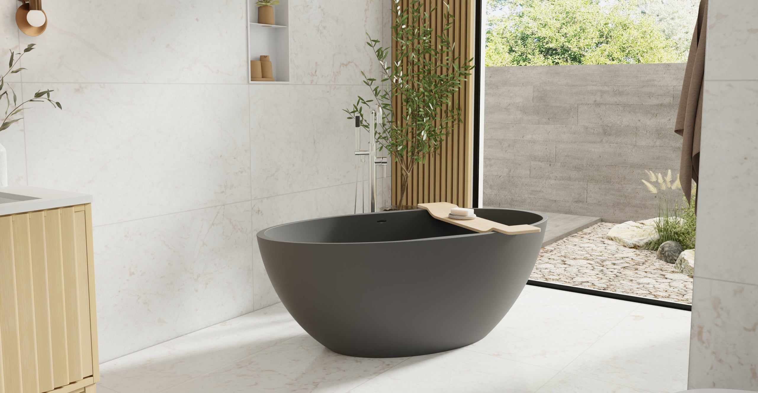 Badeloft BW-04-L-BLK matte black freestanding bathtub, lifestyle view 5
