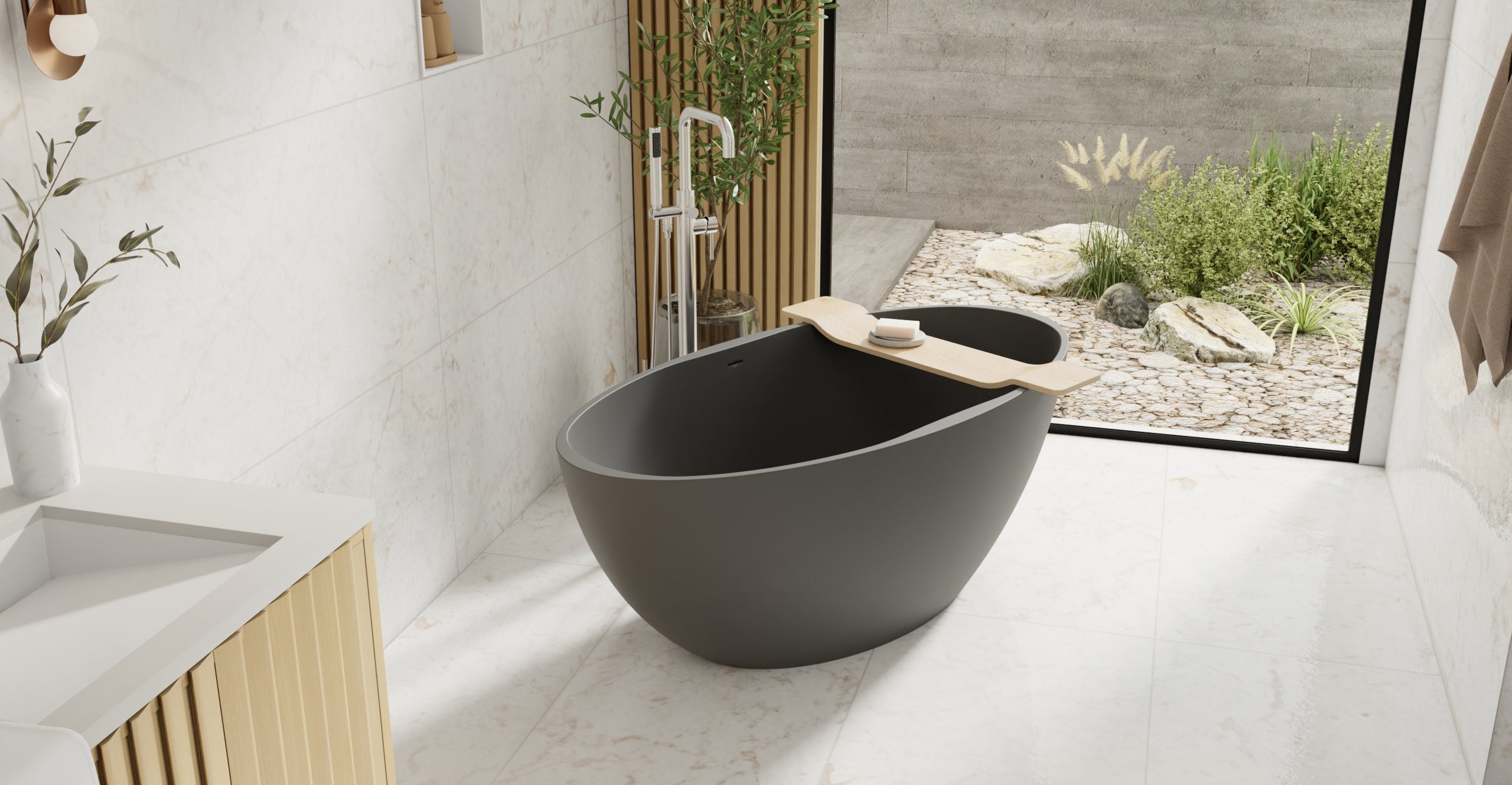 Badeloft BW-04-L-BLK matte black freestanding bathtub, lifestyle view 6