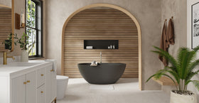 Badeloft BW-04-L-BLK matte black freestanding bathtub, lifestyle view