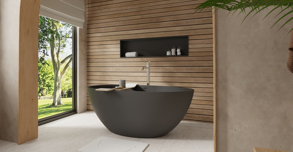 Badeloft BW-04-L-BLK matte black freestanding bathtub, lifestyle view 2