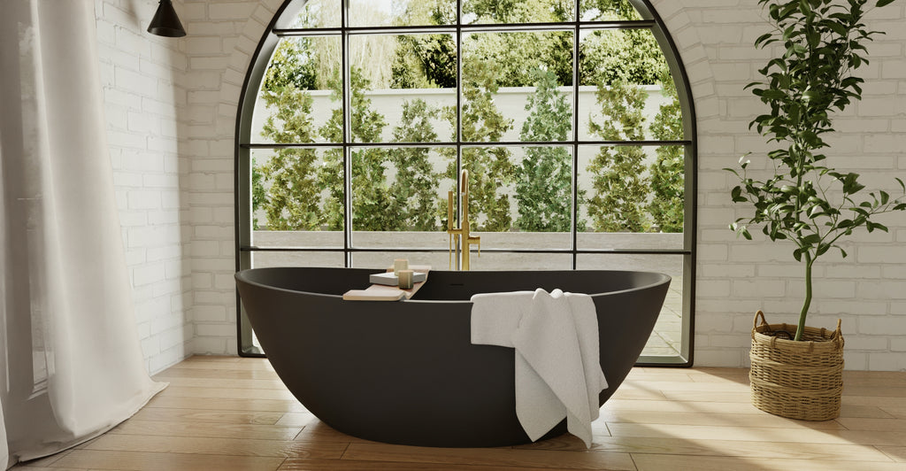 Badeloft BW-03-XL-BLK matte black freestanding bathtub, lifestyle view 7