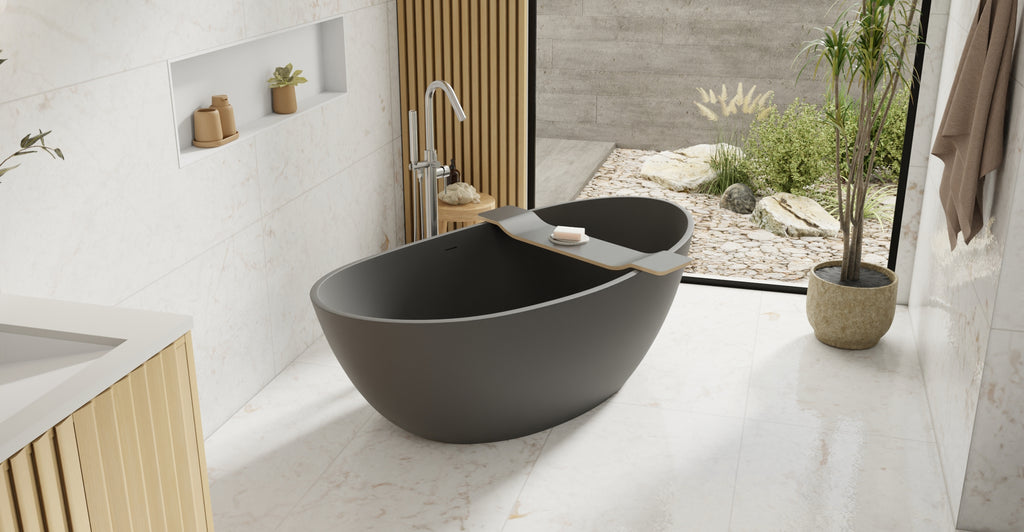 Badeloft BW-03-XL-BLK matte black freestanding bathtub, lifestyle view 6