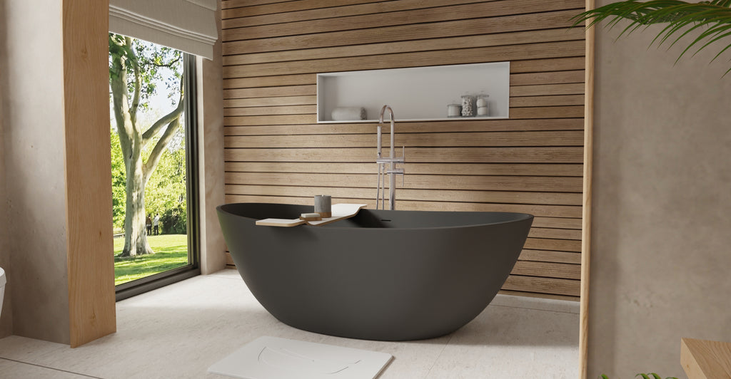 Badeloft BW-03-XL-BLK matte black freestanding bathtub, lifestyle view 2