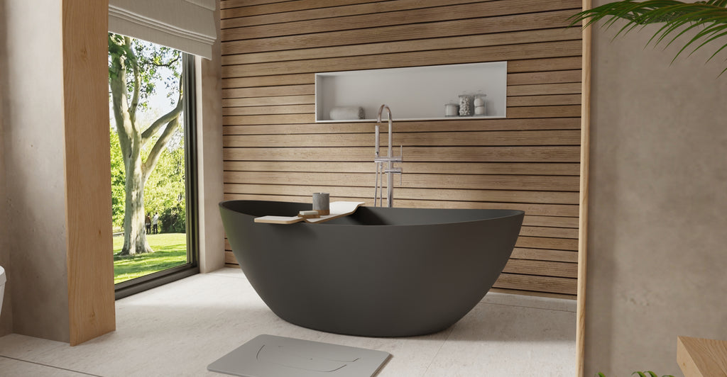 Badeloft BW-03-M-BLK matte black freestanding bathtub, lifestyle view