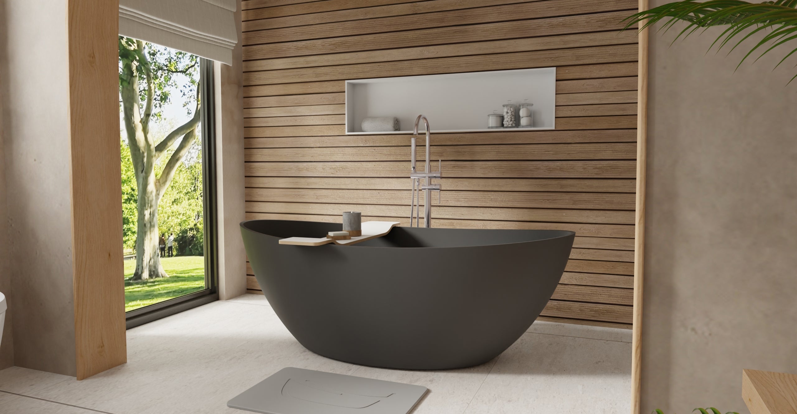Badeloft BW-03-M-BLK matte black freestanding bathtub, lifestyle view