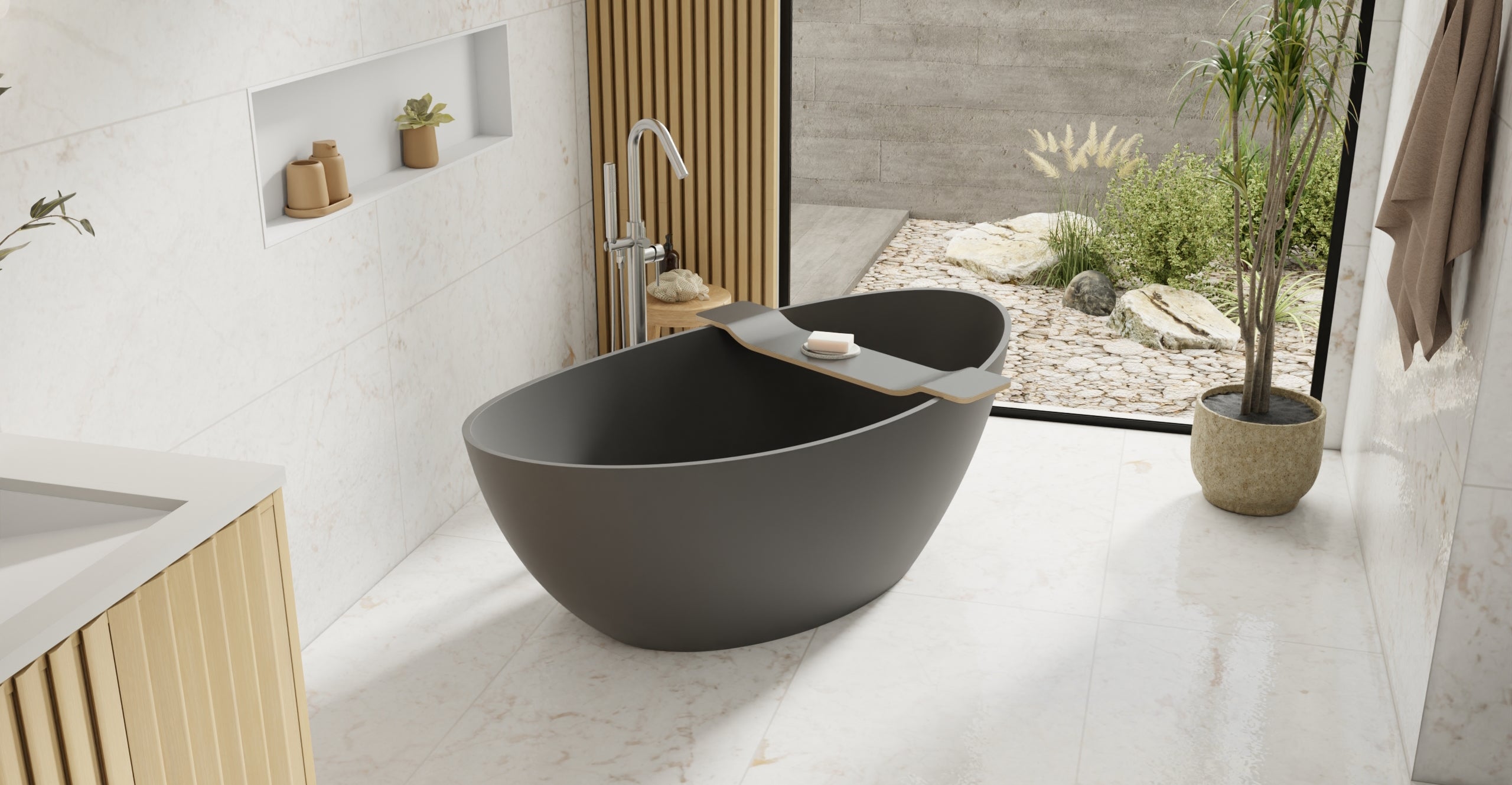 Badeloft BW-03-M-BLK matte black freestanding bathtub, lifestyle view 5
