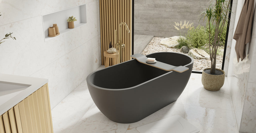 Badeloft BW-02-XL-BLK matte black freestanding bathtub, lifestyle view 6