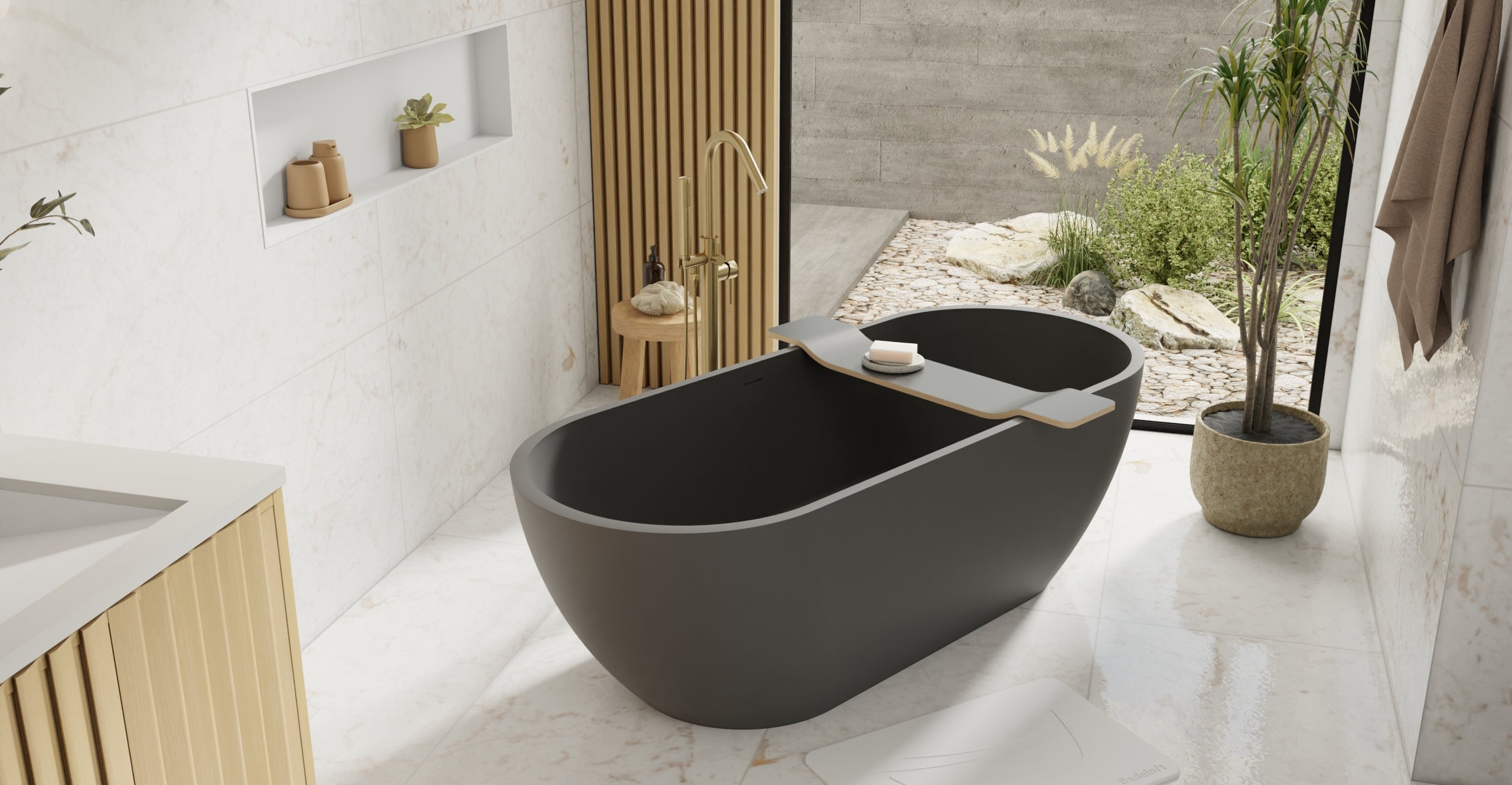 Badeloft BW-02-XL-BLK matte black freestanding bathtub, lifestyle view 6