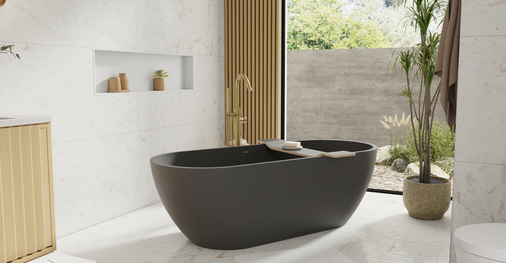 Badeloft BW-02-XL-BLK matte black freestanding bathtub, lifestyle view 5