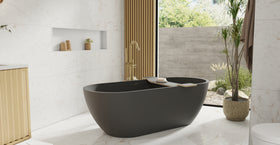 Badeloft BW-02-XL-BLK matte black freestanding bathtub, lifestyle view 5