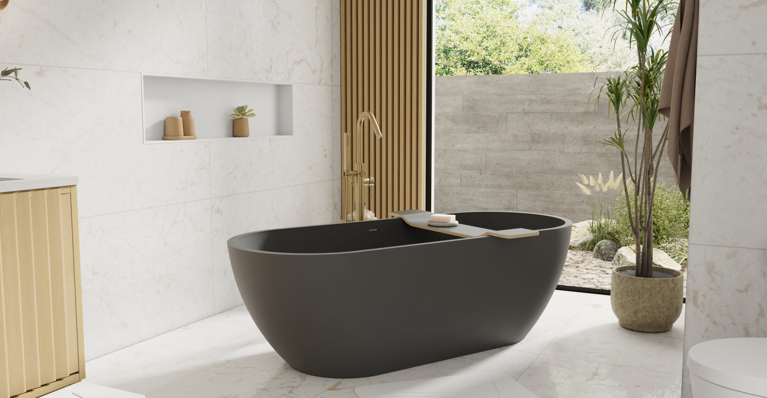Badeloft BW-02-XL-BLK matte black freestanding bathtub, lifestyle view 5