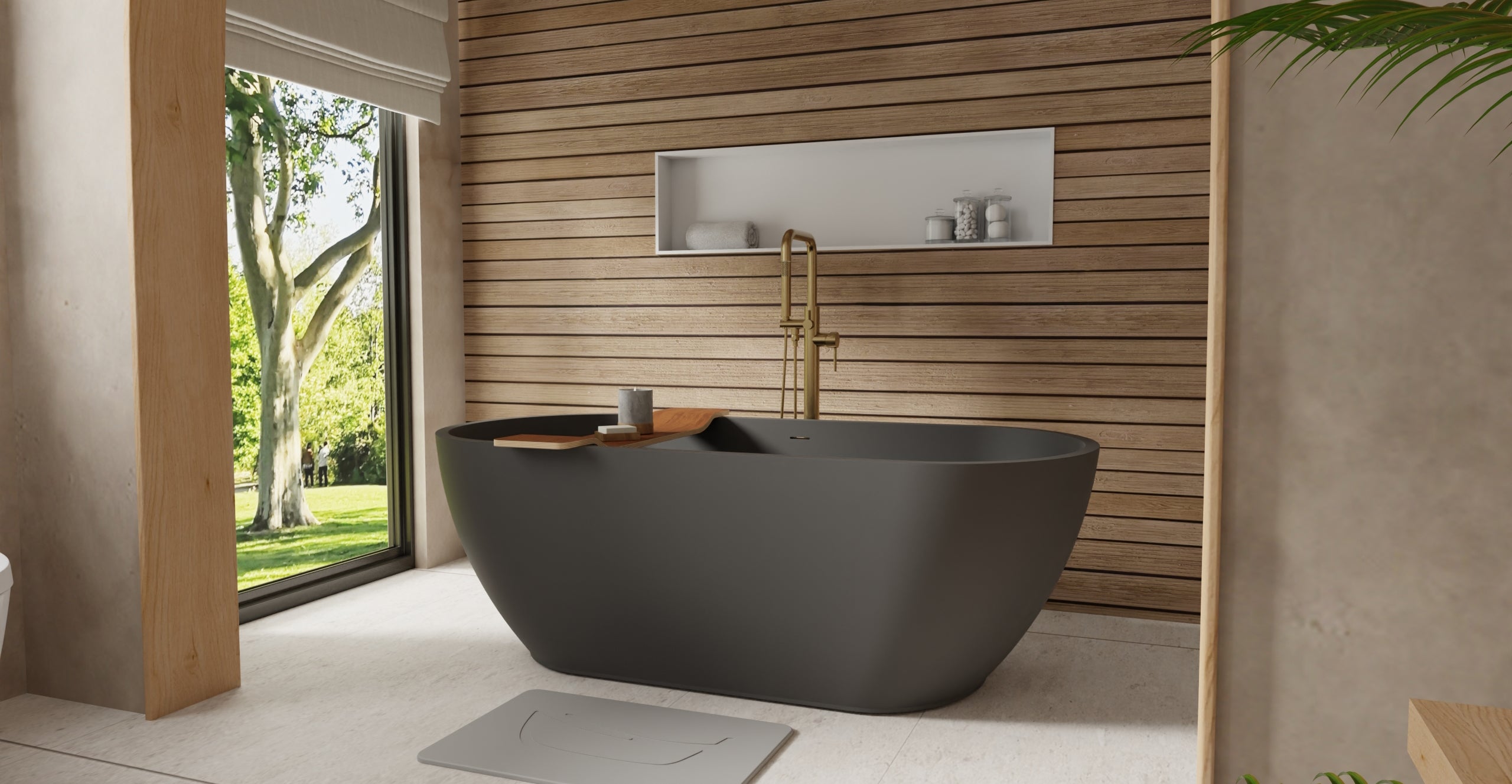 Badeloft BW-02-M-BLK matte black freestanding bathtub, lifestyle view 2
