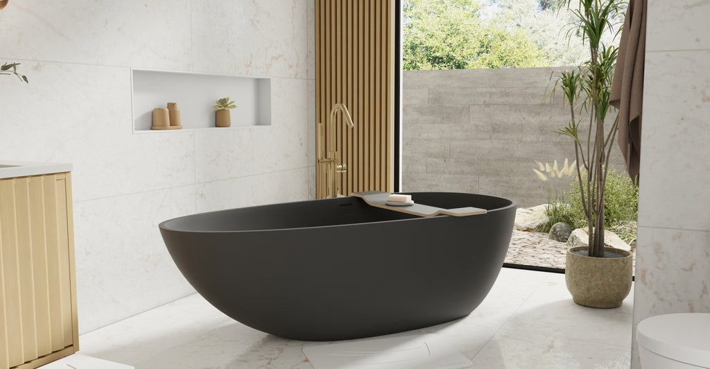 Badeloft BW-01-XL-BLK matte black freestanding bathtub, lifestyle view 5