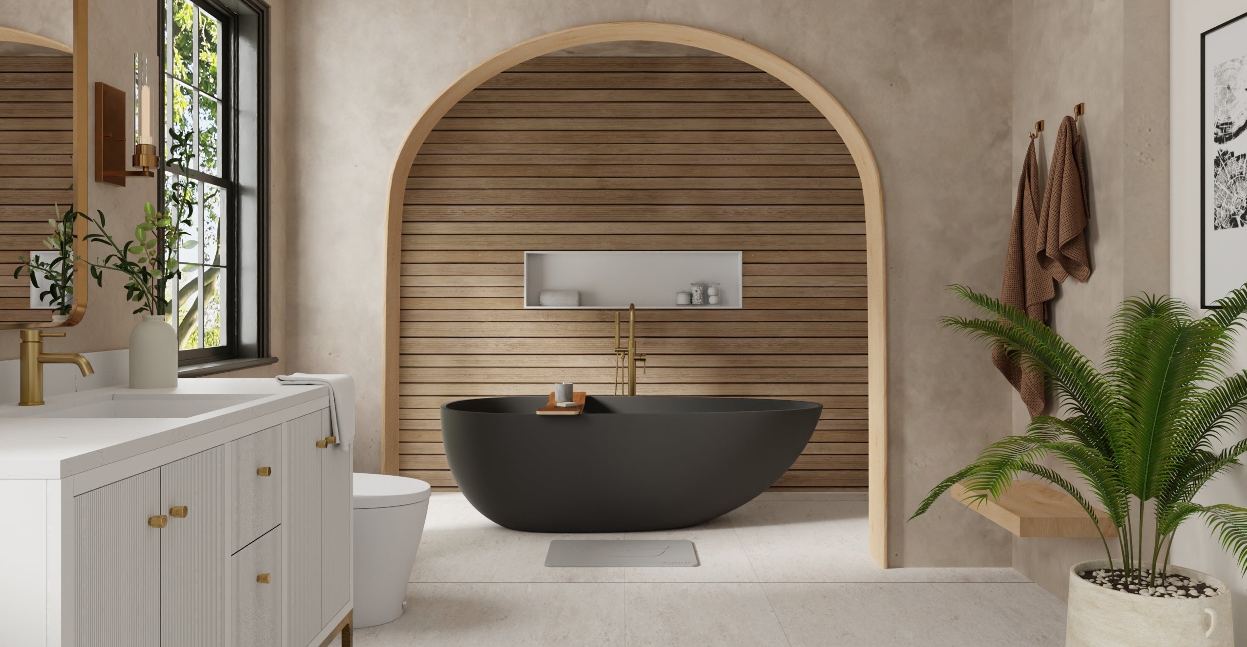 Badeloft BW-01-XL-BLK matte black freestanding bathtub, lifestyle view