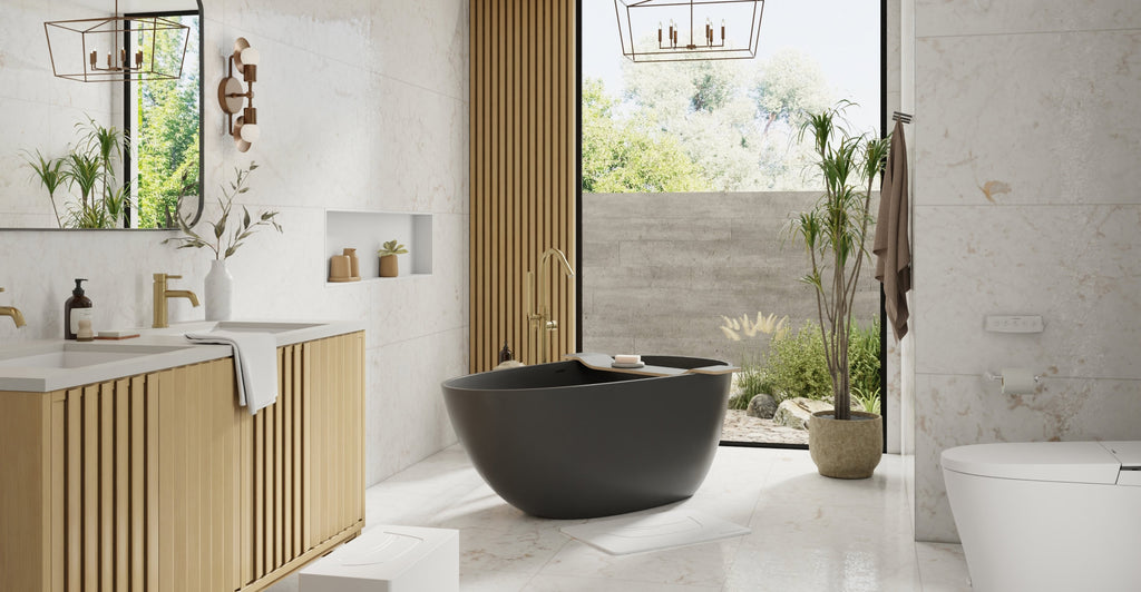 Badeloft BW-01-S-BLK glossy black freestanding bathtub, lifestyle view 4