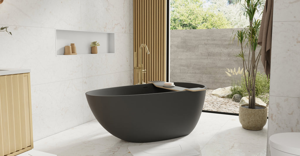 Badeloft BW-01-S-BLK matte black freestanding bathtub, lifestyle view 5