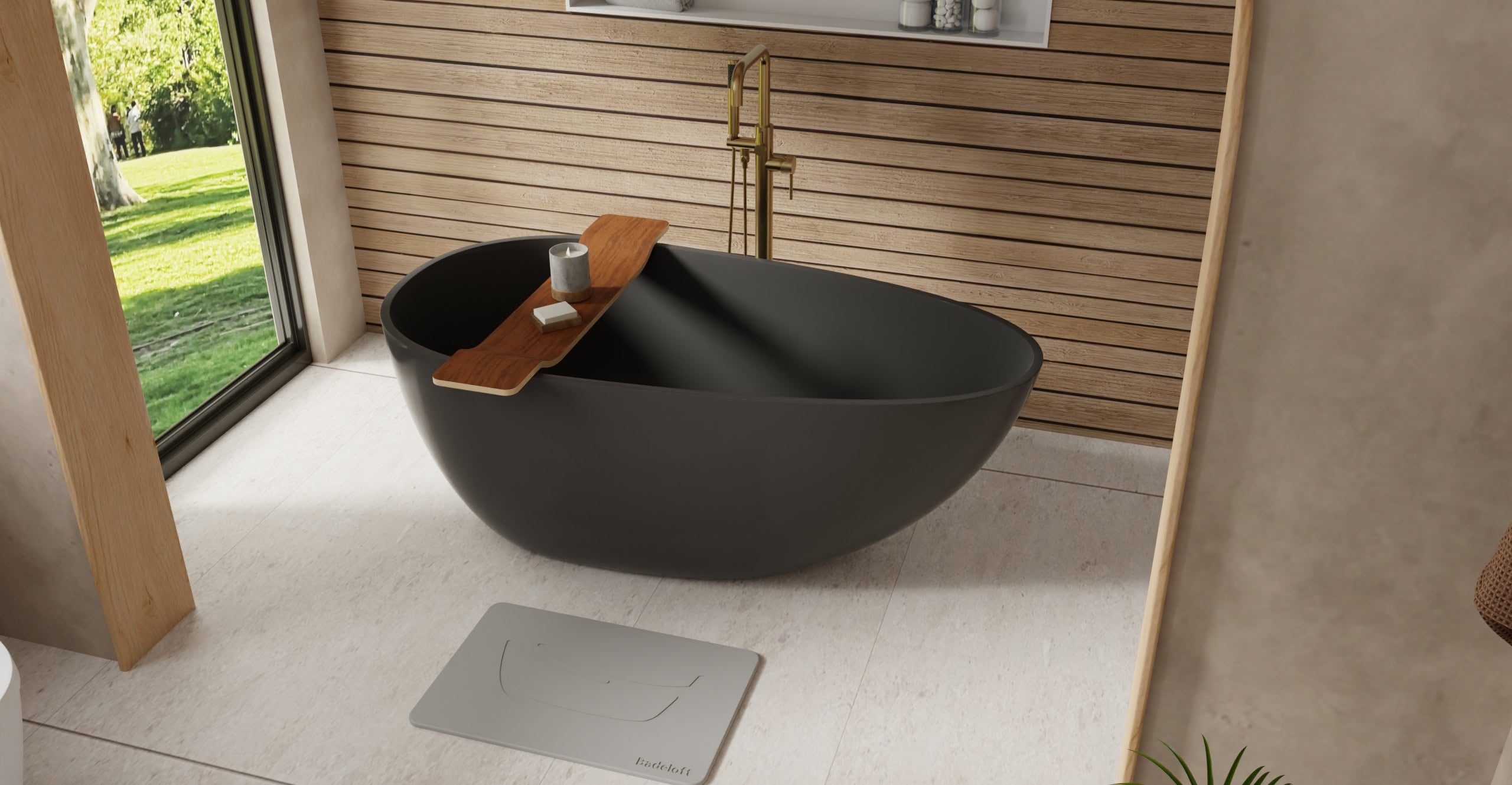 Badeloft BW-01-S-BLK glossy black freestanding bathtub, lifestyle view 3
