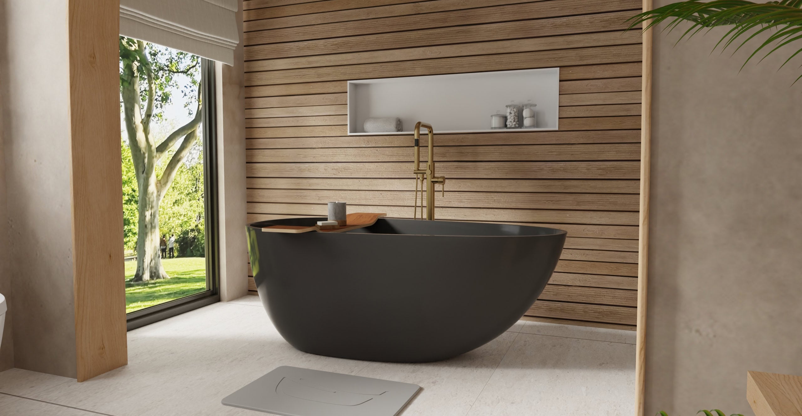 Badeloft BW-01-S-BLK glossy black freestanding bathtub, lifestyle view 2