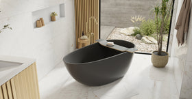 Badeloft BW-01-S-BLK glossy black freestanding bathtub, lifestyle view 6