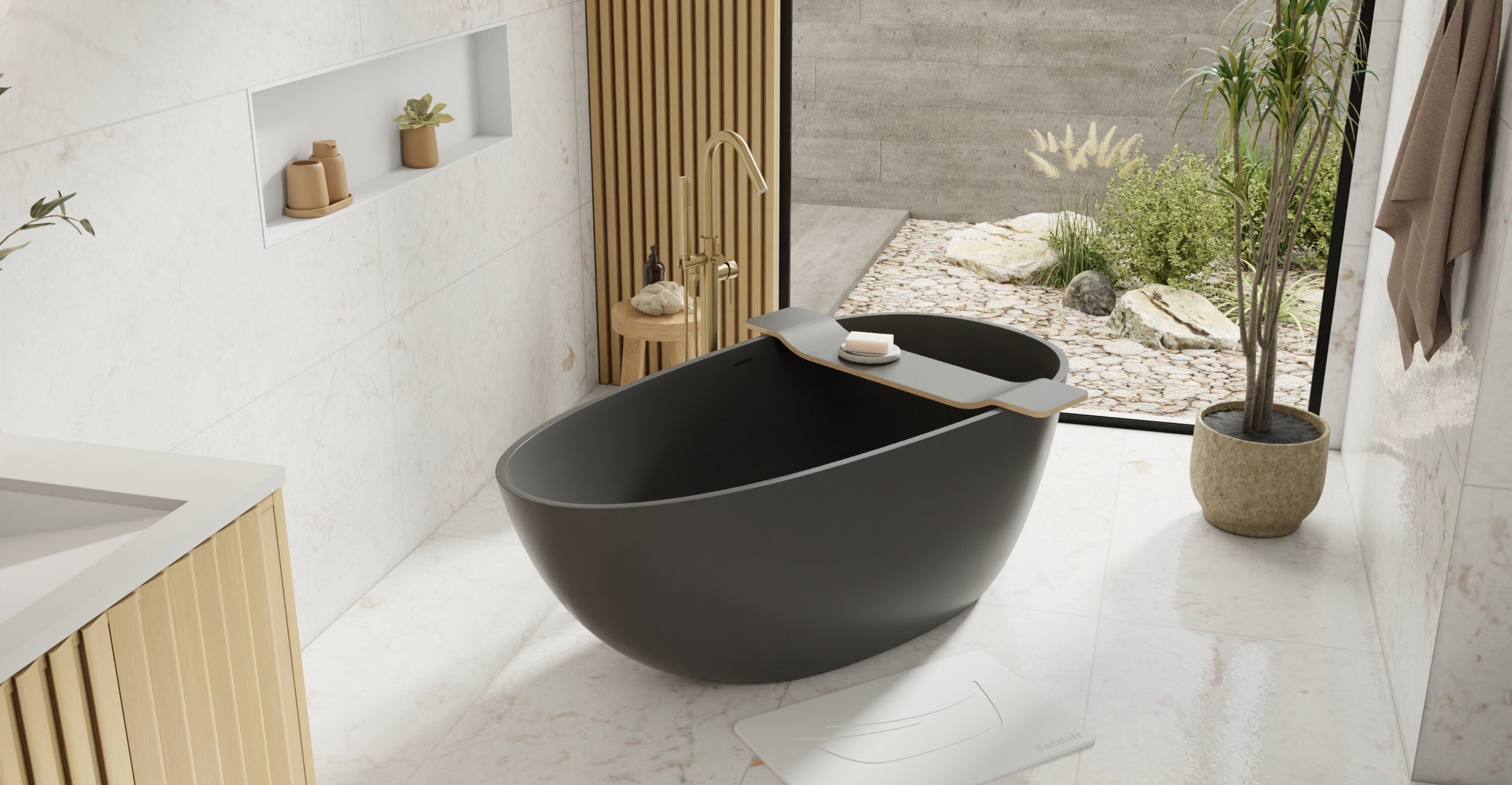 Badeloft BW-01-S-BLK glossy black freestanding bathtub, lifestyle view 6