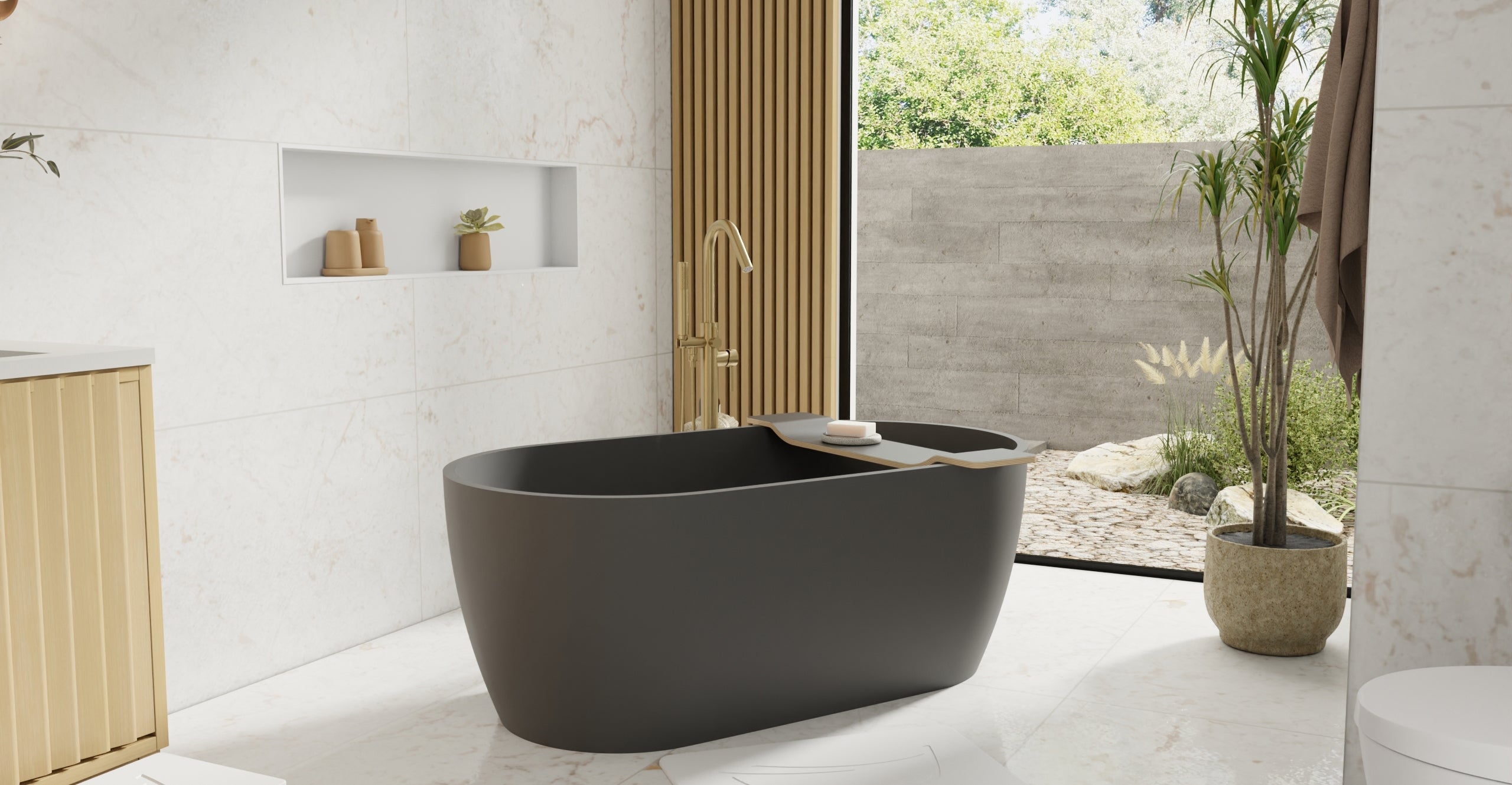 Badeloft BW-02-S-BLK matte black freestanding bathtub, lifestyle view 5
