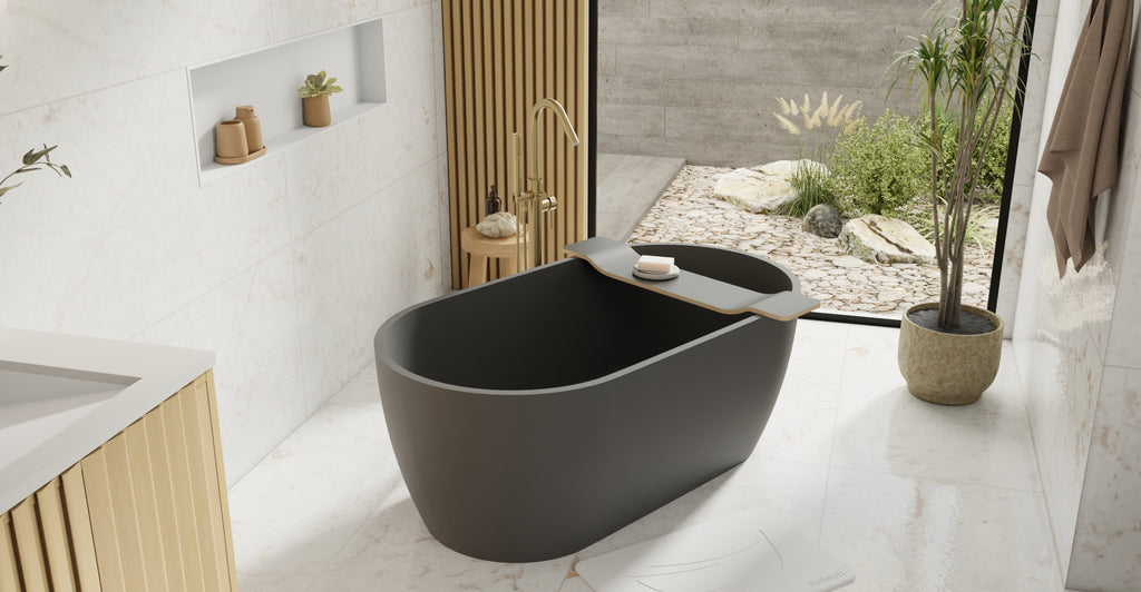 Badeloft BW-02-S-BLK matte black freestanding bathtub, lifestyle view 6