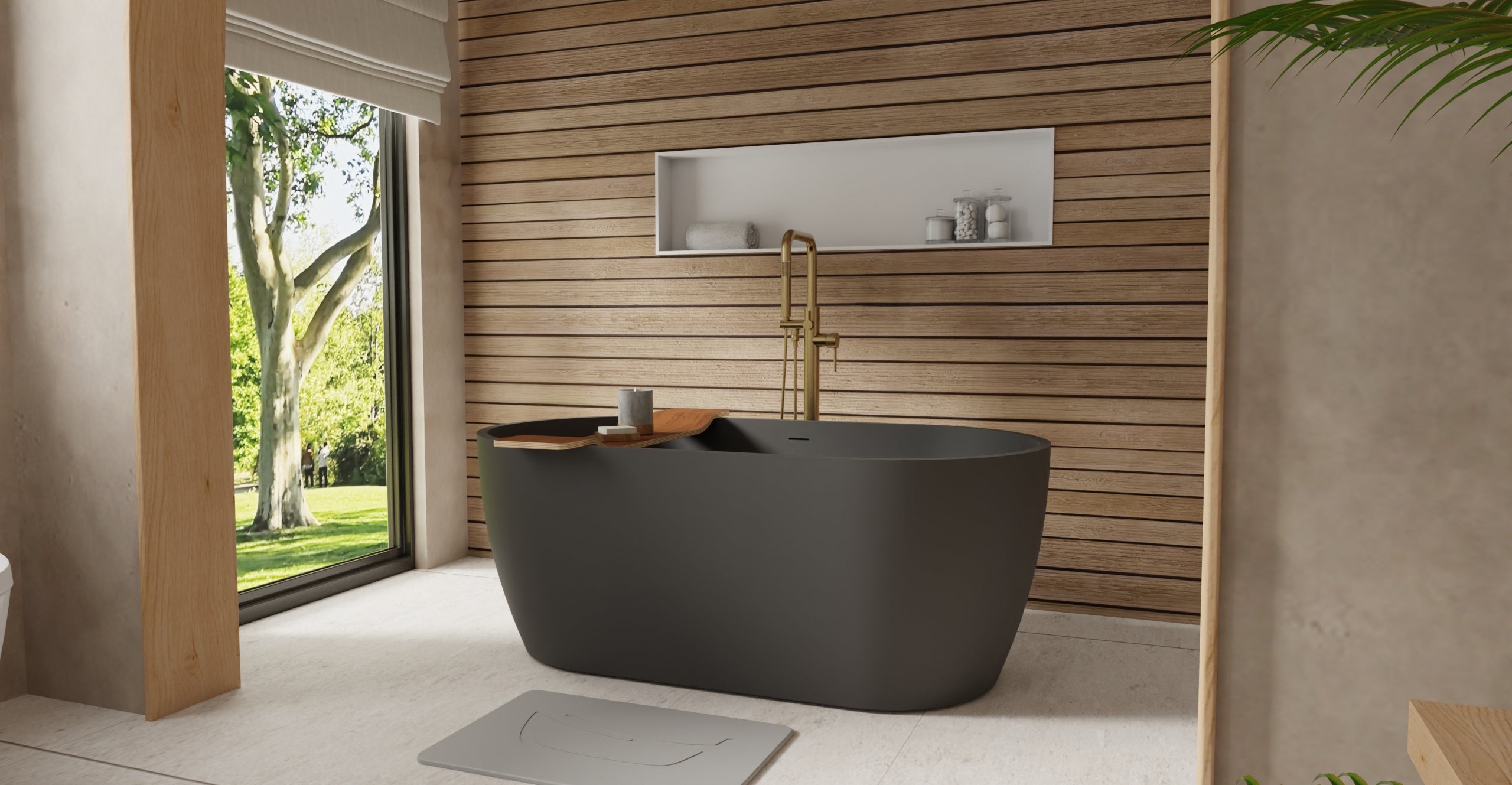 Badeloft BW-02-S-BLK matte black freestanding bathtub, lifestyle view 2