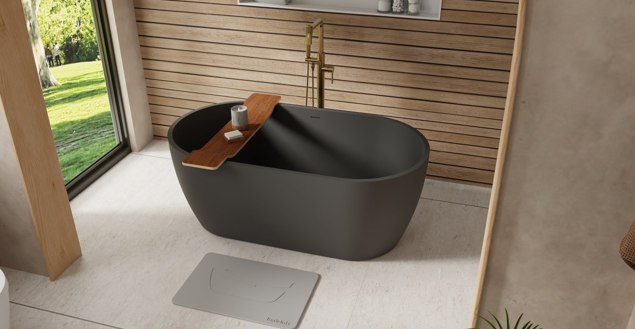 Badeloft BW-02-S-BLK matte black freestanding bathtub, lifestyle view 3
