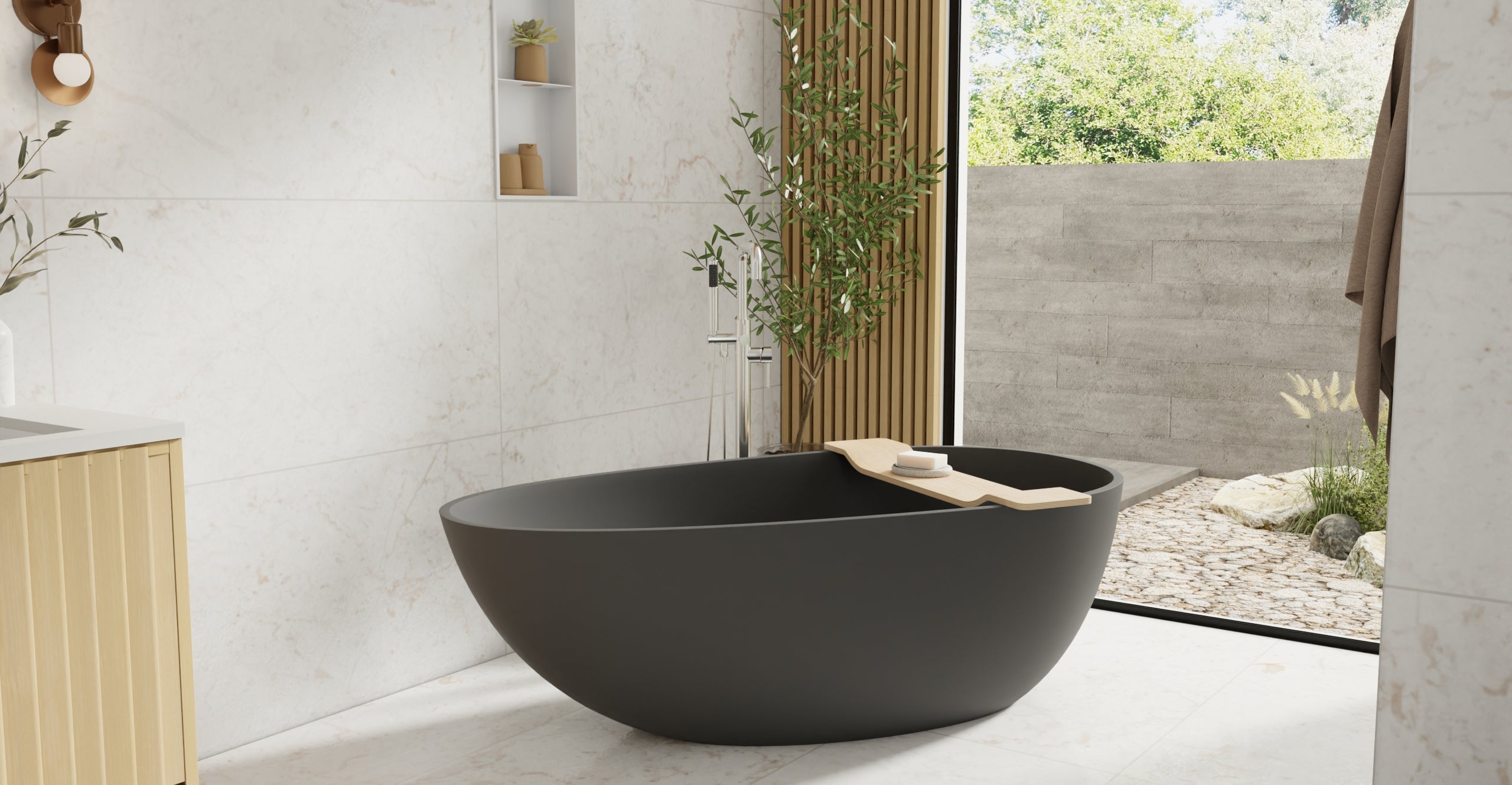 Badeloft BW-01-L-BLK matte black freestanding bathtub, lifestyle view 5