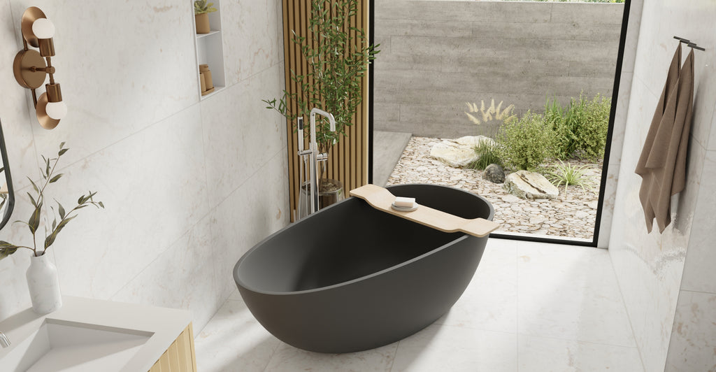 Badeloft BW-01-L-BLK matte black freestanding bathtub, lifestyle view 6
