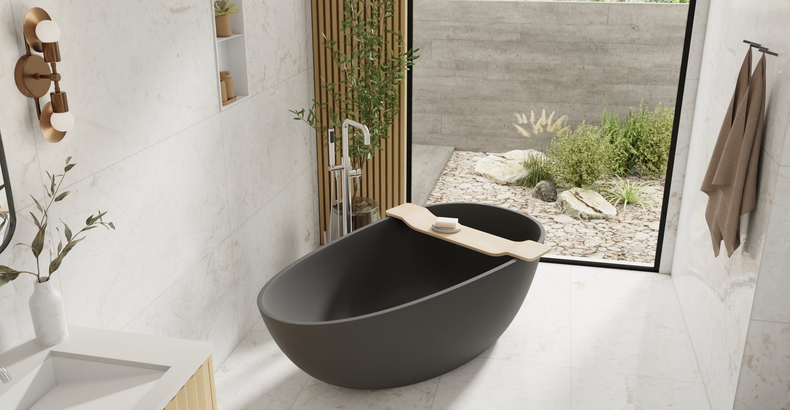 Badeloft BW-01-L-BLK matte black freestanding bathtub, lifestyle view 6