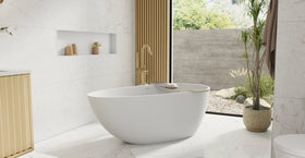 Badeloft BW-01-S glossy white freestanding bathtub, lifestyle view 3