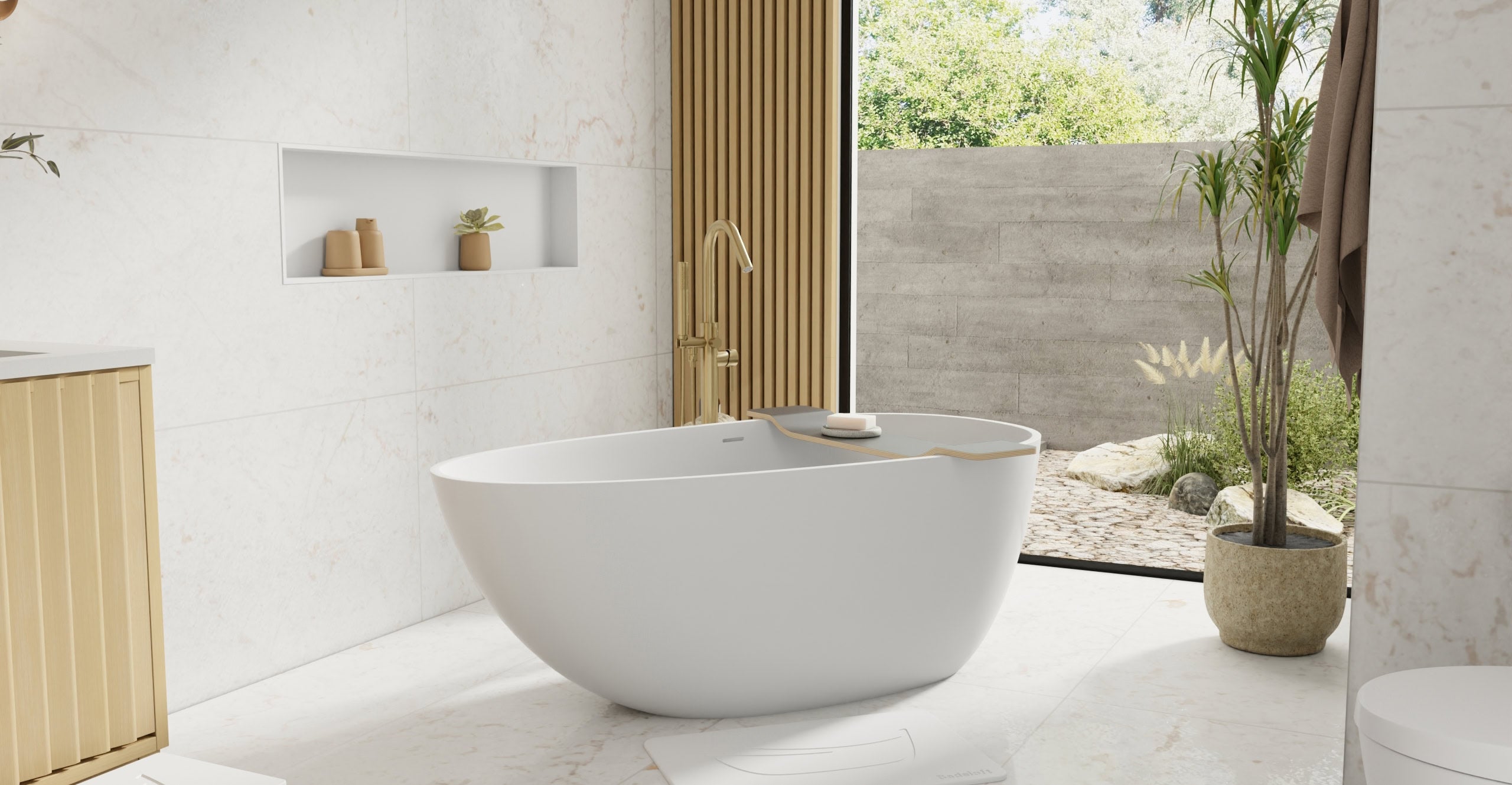 Badeloft BW-01-S glossy white freestanding bathtub, lifestyle view 3