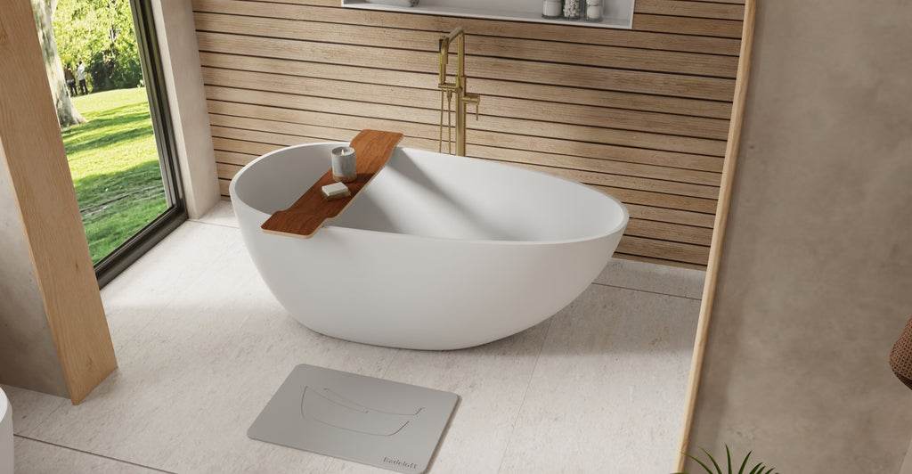 Badeloft BW-01-S glossy white freestanding bathtub, lifestyle view 1