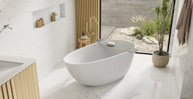 Badeloft BW-01-S glossy white freestanding bathtub, lifestyle view 4