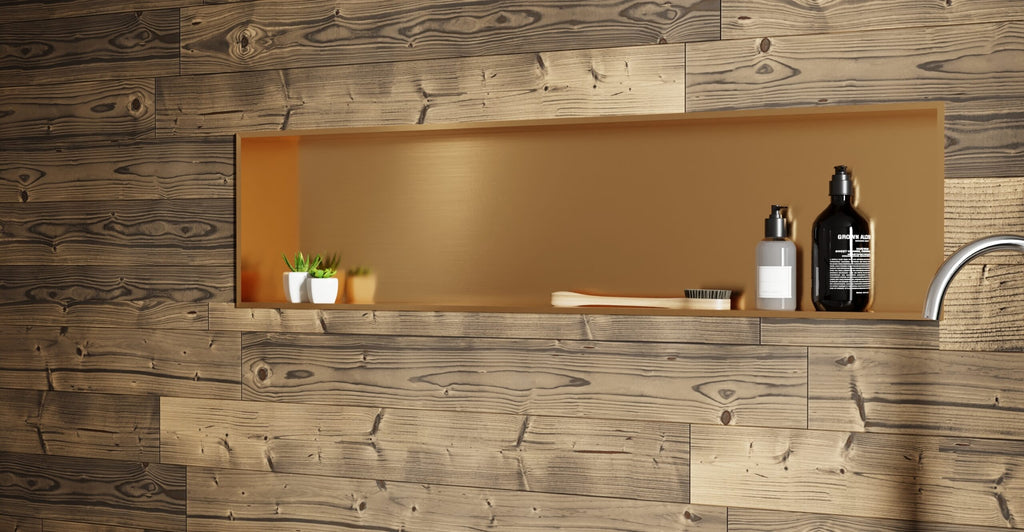 Badeloft NS-04 rose gold shower / bathtub niche, lifestyle view