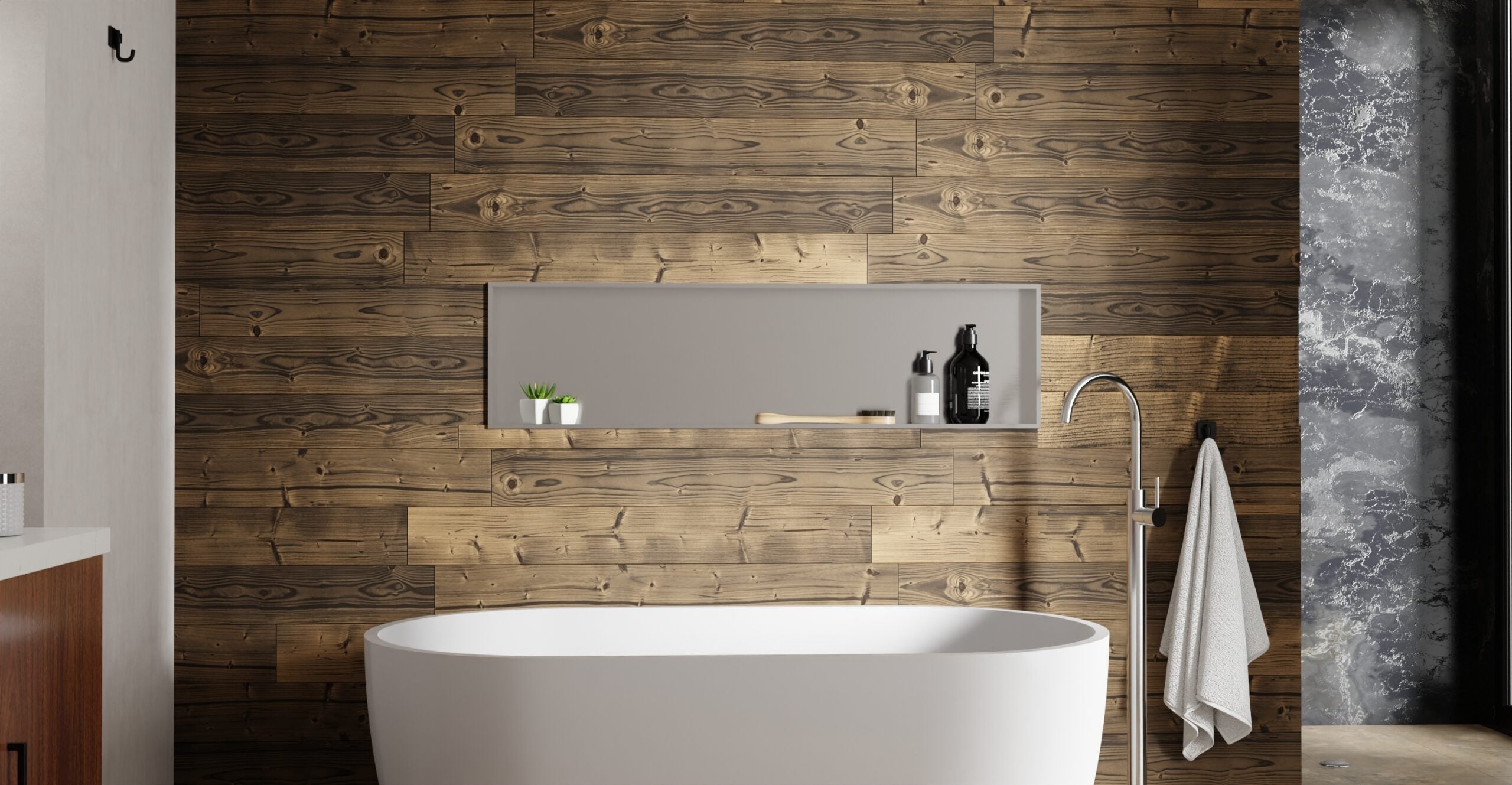 Badeloft NS-04 brushed steel shower / bathtub niche, lifestyle view 2