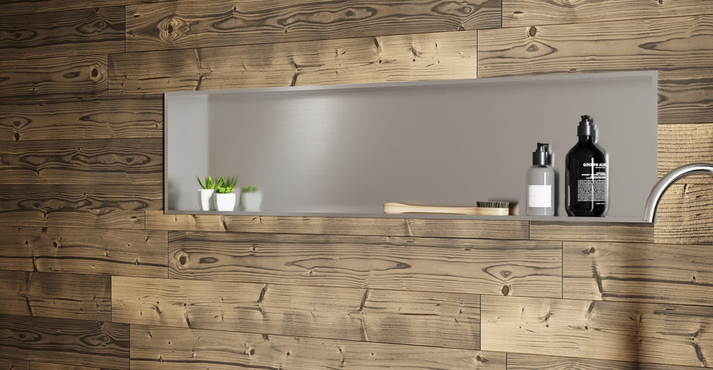 Badeloft NS-04 brushed steel shower / bathtub niche, lifestyle view
