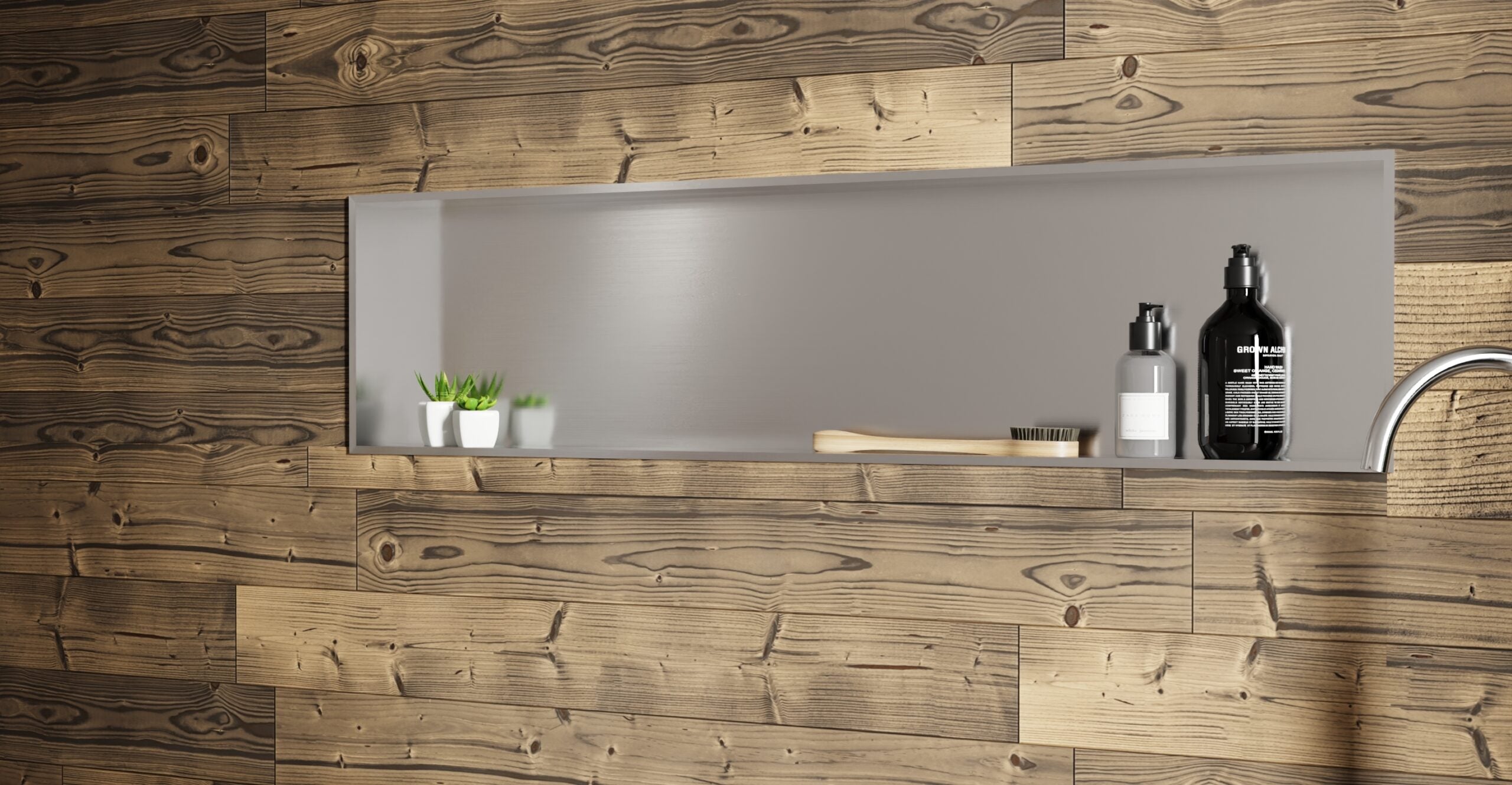 Badeloft NS-04 brushed steel shower / bathtub niche, lifestyle view
