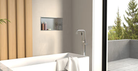 Badeloft NS-03 brushed steel shower bathtub niche, lifestyle view 1