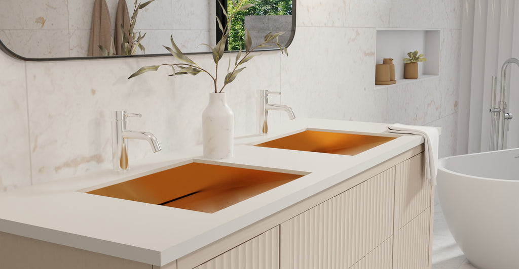 Badeloft ES-UB-04-M brushed rose gold stainless steel sink, lifestyle view 2